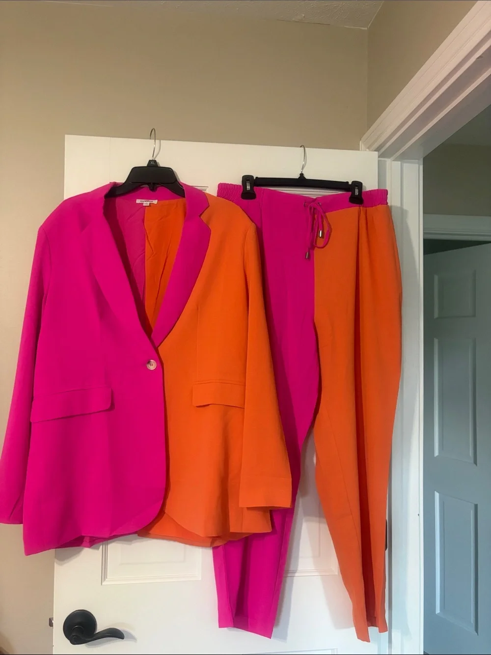 GeeGee Colorblock Pink and Orange Two-Piece Blazer & Pants Set